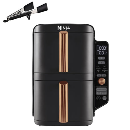 NINJA Double Stack XL Air Fryer 2 Compartiments Verticale, Compact, 4 Niveaux de Cuisson, Capacité de 9,5L, Air Fryer 6-en 1, Pièces Antiadhésives Amovibles Lavables Au Lave-Vaisselle, Noir/Cuivre