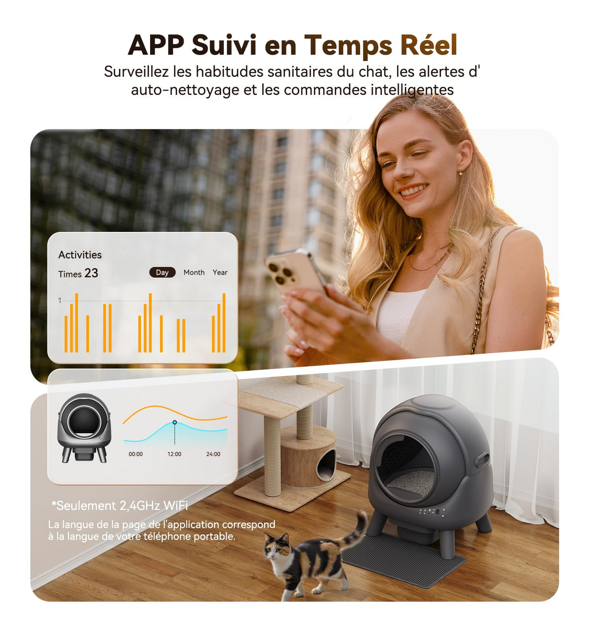 Litiere Chat Autonettoyante FEELNEEDY, Bac à Litière Automatique, Anti-Fuites/Anti-Pincement/Triple Anti-Odeur/Secure/Contrôle APP/Nettoyage Facile, Capacité Maximale de 65L