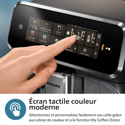 PHILIPS Machine à Expresso Entièrement Automatique Séries 3300-6 Boissons,Écran tactile couleur moderne,Système à lait LatteGo,SilentBrew,Broyeur 100%Céramique,Filtre AquaClean.Noir Chrome (EP3347/90)