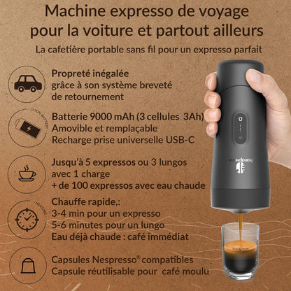 Handpresso Auto | Machine à café expresso portable 19 bars pour voiture et voyage | compatible capsule expresso/capsule réutilisable | Cafetière de voyage compacte, sans fil et rechargeable USB-C