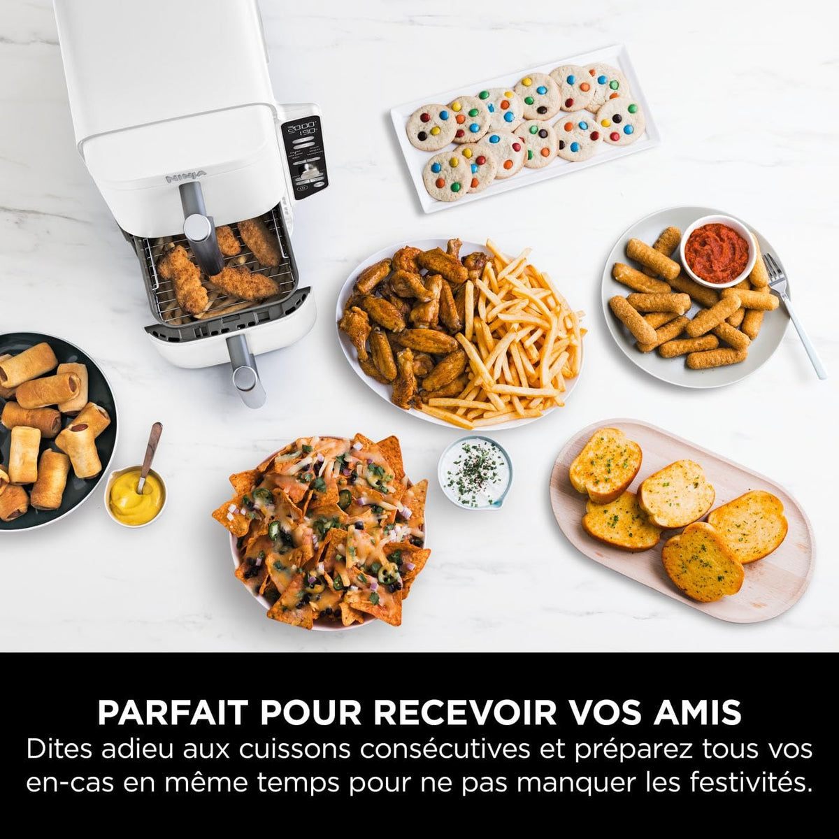 NINJA Double Stack XL Air Fryer, Friteuse sans huile Verticale Double Tiroir 4 Niveaux de Cuisson, 2 Tiroirs, 2 Grilles, Capacité de 9,5 L, 6 Fonctions, 8 Portions, Pinces, Blanc SL400EUWH