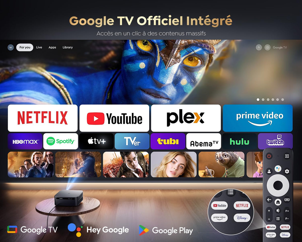 Vidéoprojecteur 4K【1500 ANSI/Google TV】 Netflix/Disney+ Officiel, Auto Focus/Keystone Projecteur WiFi6 Bluetooth Full HD 1080P, Contrôle Vocal, Zoom 50% Projecteur Vidéo de Jour Home Cinéma/Extérieur