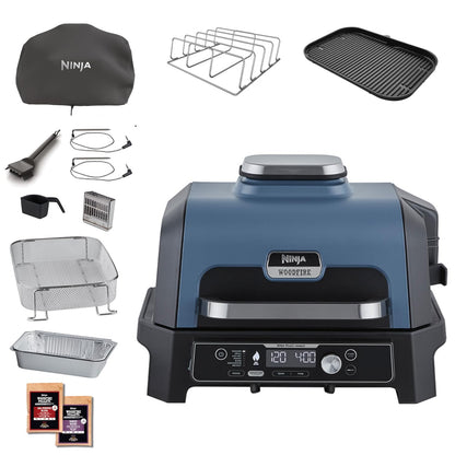 Ninja Woodfire Pro Connect XL Barbecue Électrique & Fumoir avec Contrôle d'Application, 2 Sondes, Grille, Housse, Revêtements & Brosse, Grill & Friteuse sans huile 7-en-1, Bleu & Noir OG901EUAMZ