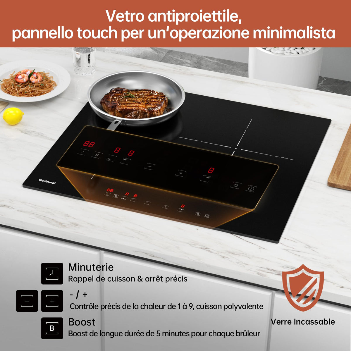 Gudsunal Plaque induction 3 feux, Table de Cuisson Encastrable,7200W, 9 niveaux de chauffage,Boost, Minuterie, Arrêt automatique, Verrouillage de sécurité enfant