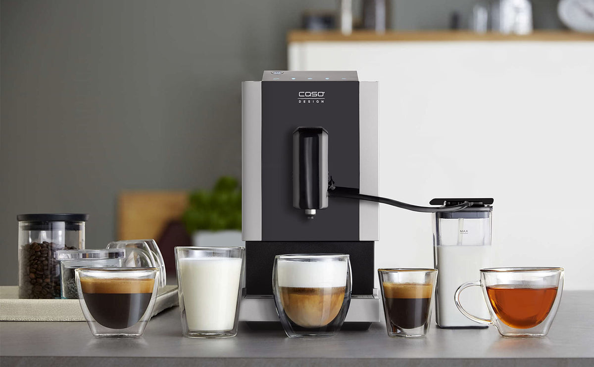 CASO Café Crema Touch Machine à café automatique design avec tuyau et réservoir à lait, broyeur conique réglable en continu, prêt à l'emploi, toutes les spécialités de café par toucher, noir, acier