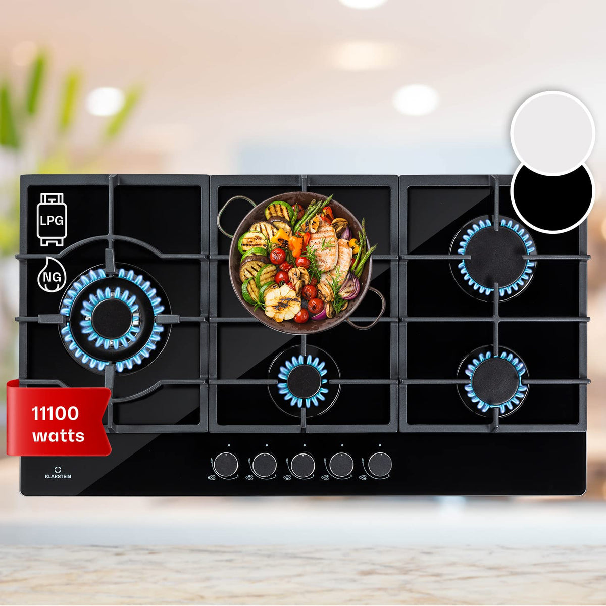 Klarstein Tables/Plaque/Gaziniere de Cuisson à Gaz à 5 Brûleurs, Table de Cuisson Encastrable à 5 Feux de 11100W, en Acier Inoxydable, Cuisinières GPL