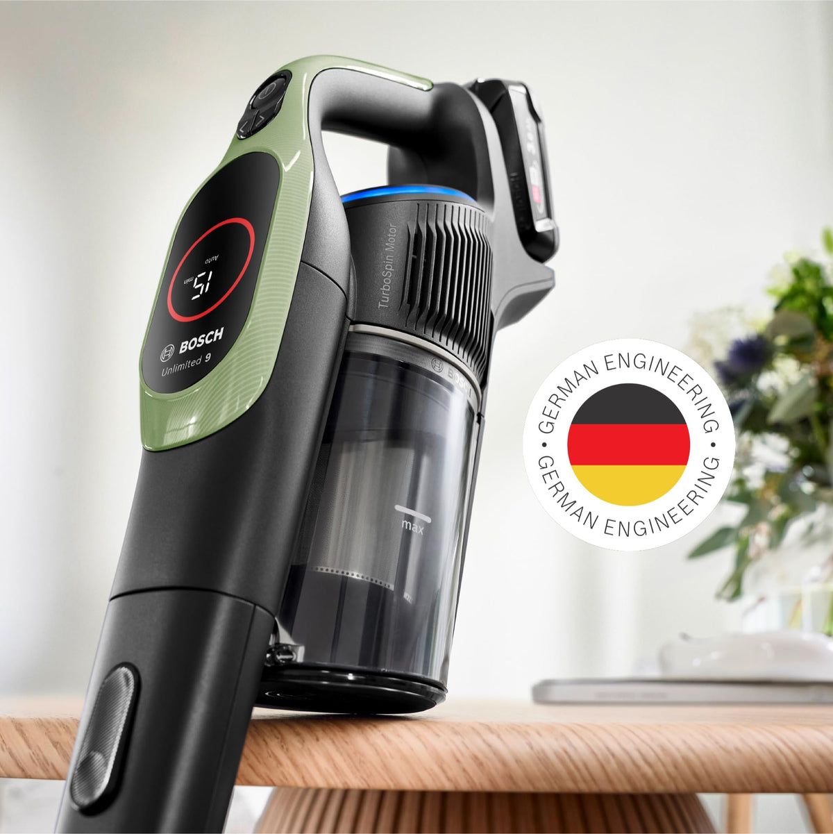 Bosch, aspirateur Balai sans Fil, Unlimited 9, Batterie 3.0 Ah, Technologie MicroClean, bac à poussières Facile à Vider, éclairage LED, Vert, BBS921TBA