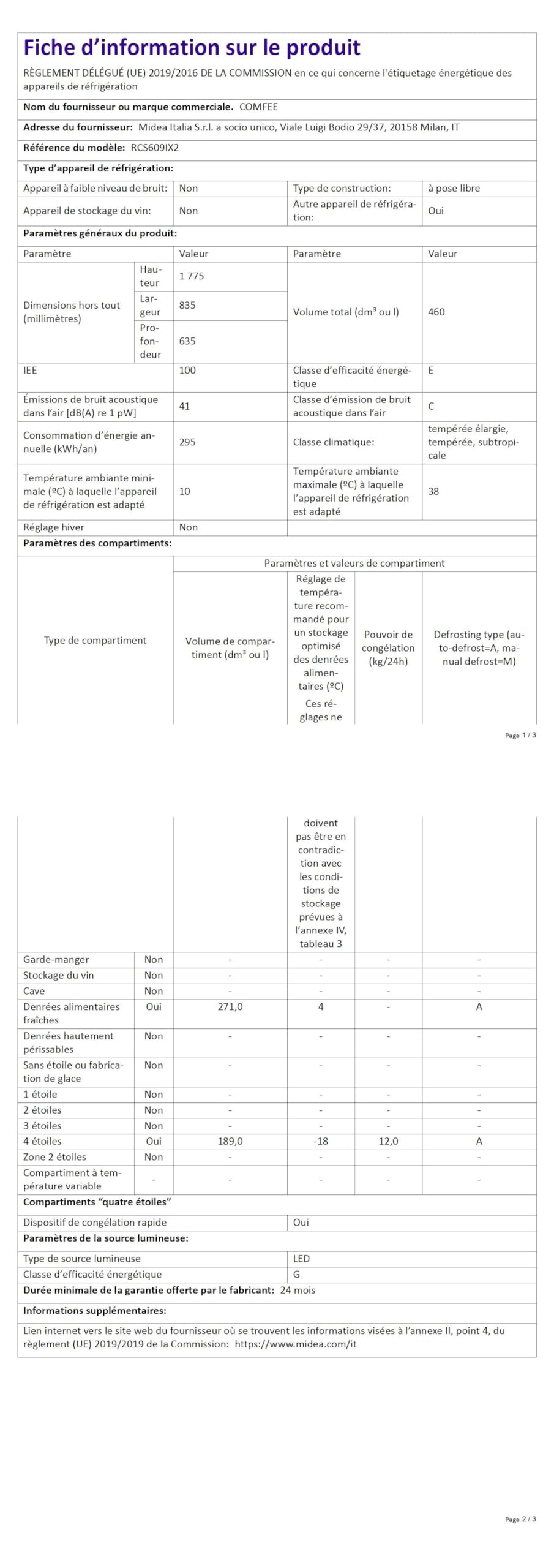 Comfee' RCS609IX2 Réfrigérateur-Congélateur Américan/No Frost/Compresseur Inverter/Hauteur 177,5 cm/460 L(271+189) de Réfrigération/Double contrôle/SuperCool, Inox