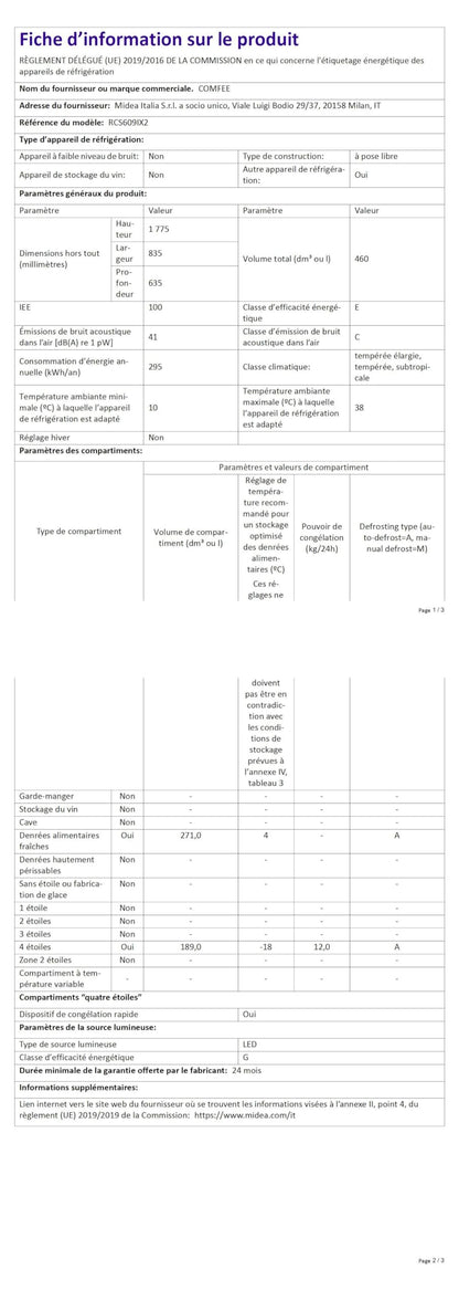 Comfee' RCS609IX2 Réfrigérateur-Congélateur Américan/No Frost/Compresseur Inverter/Hauteur 177,5 cm/460 L(271+189) de Réfrigération/Double contrôle/SuperCool, Inox