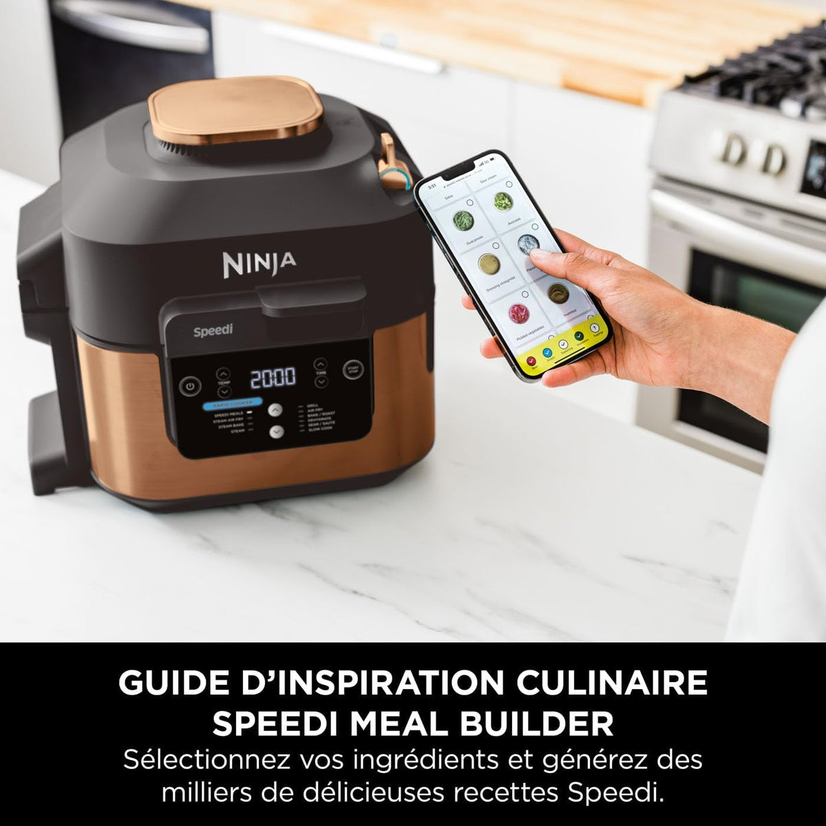 Ninja Speedi 10-en-1 Autocuiseur rapide, Air Fryer, Friteuse à air et Multicuiseur, 5.7L, Repas pour 4 en 15 minutes, Vapeur, Gril, Cuire au four, Rôtir, Mijoter et plus, Noir et Cuivre ON400EUCP