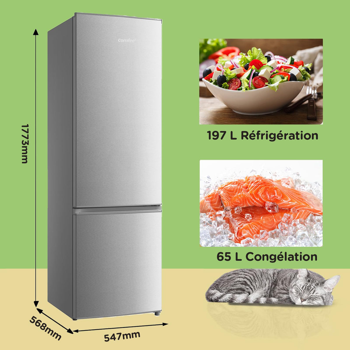 Comfee' RCB359IX2 Réfrigérateur Combiné, 262L(197+65), Grande Capacité, Low Frost, Hauteur 177,3 cm, Faible Bruit 39 dB, Éclairage LED, Température Réglable, Acier Inoxydable