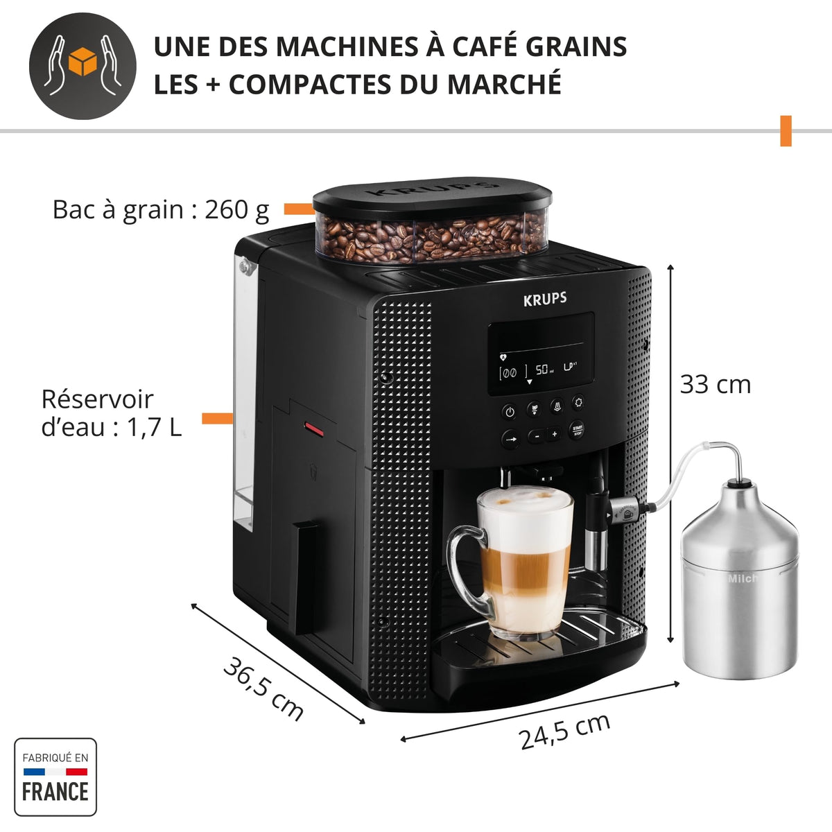 Krups Essential, Machine à café grain, Expresso automatique, 2 tasses simultanées, Ecran LCD, Nettoyage automatique, Buse vapeur, Pot à lait inox Cappuccino, Noire, EA816031