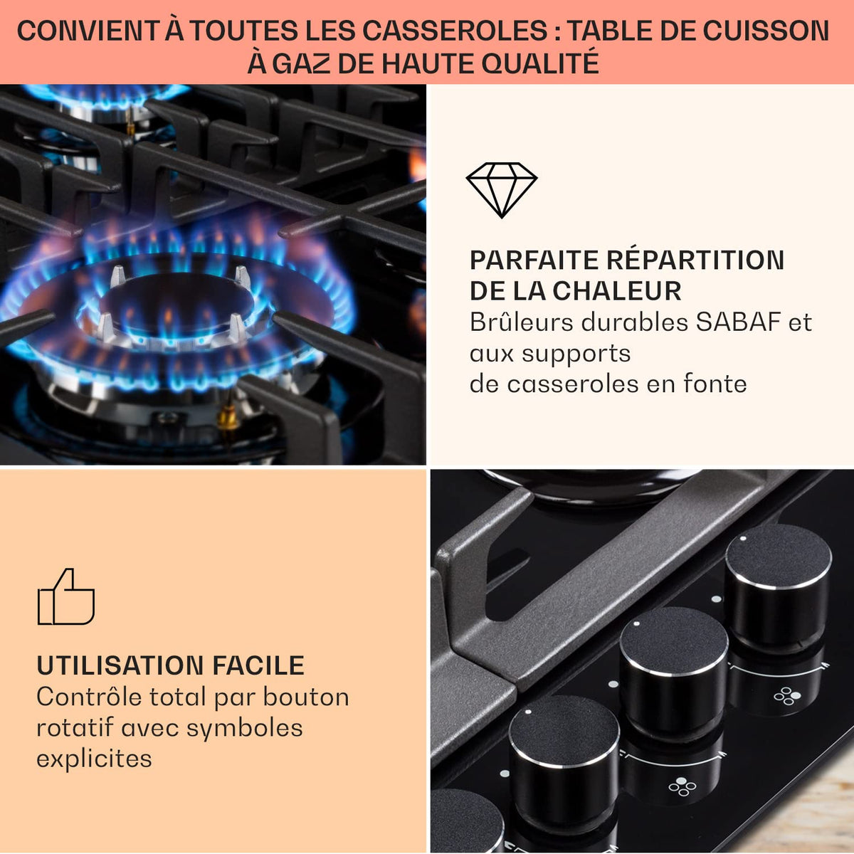 Klarstein Plaque de Cuisson Gaz à 4 Brûleurs en Acier Inoxydable, Table de Cuisson Encastrable à 4 Feux de 8100W, Cuisinières GP