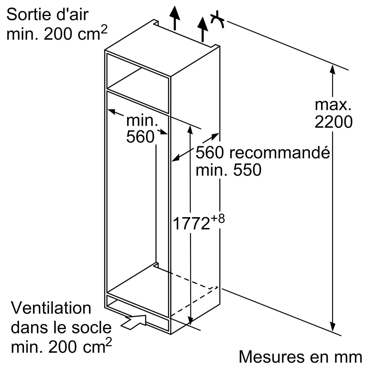Bosch KIR81NSE0, Série 2, Réfrégirateur 1 porte, Encastrable, 177,2 x 54,1 cm, 310 L