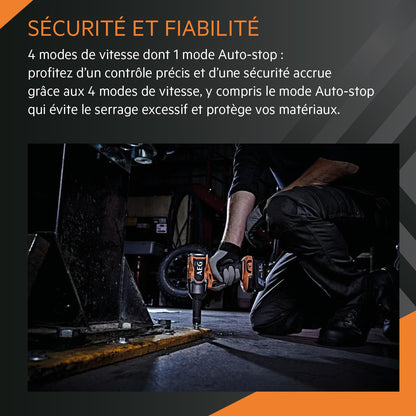 AEG - Boulonneuse à Chocs Sans Fil - Couple jusqu'à 785 Nm - 4 Modes dont 1 Autostop - Moteur Brushless - Revêtement Softgrip et Crochet de Ceinture - Compatible Batterie Pro18V - BSS18MTF12BL-0