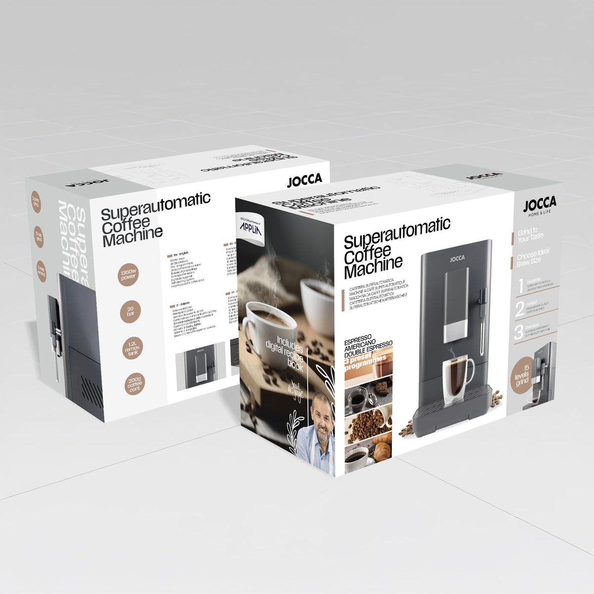 Jocca Cafetière super automatique 20 bars, 1 350 W, réservoir 1,5 l, moulin intégré 15 niveaux, vaporisateur à lait, fonctions expresso, double expres