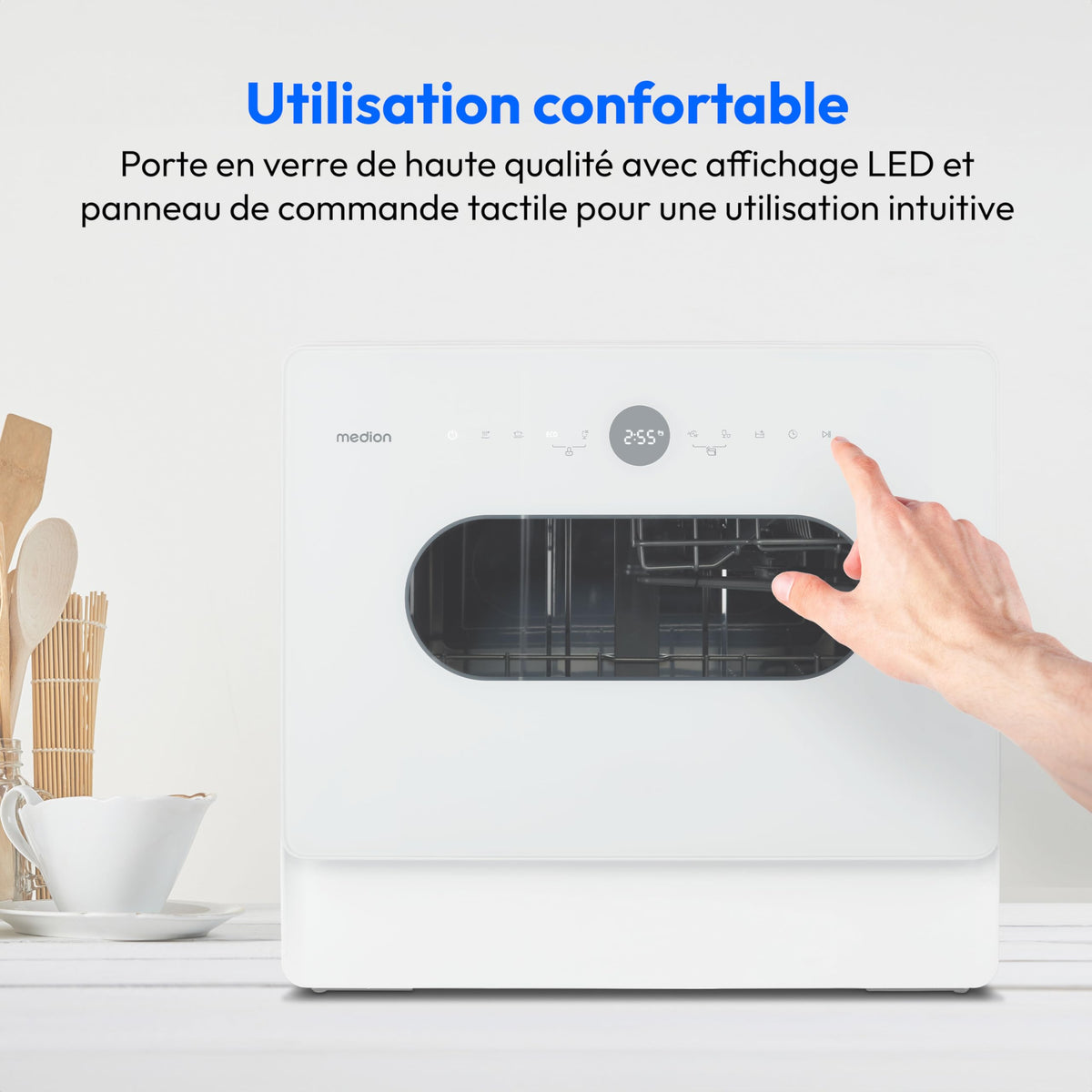 MEDION Mini lave-vaisselle DWT51 (lave-vaisselle de table avec panneau de commande tactile, fonction seau, 5 couverts, fonctionne avec/sans raccordement à l'eau, 7 programmes de nettoyage, départ diff