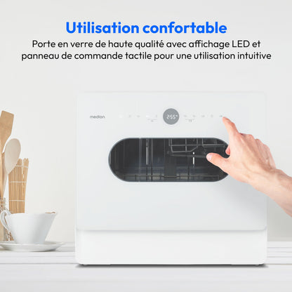 MEDION Mini lave-vaisselle DWT51 (lave-vaisselle de table avec panneau de commande tactile, fonction seau, 5 couverts, fonctionne avec/sans raccordement à l'eau, 7 programmes de nettoyage, départ diff