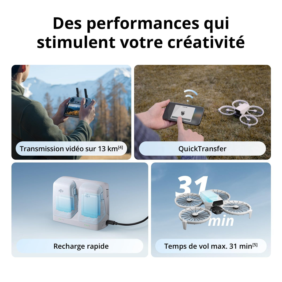 DJI Flip (radiocommande RC 2 avec écran), Drone Caméra 4K UHD Follow Me pour adultes, < 249 g, Nacelle à 3 axes, Transmission vidéo sur 13 km, Décollage palmaire, Temps de vol de 31 min