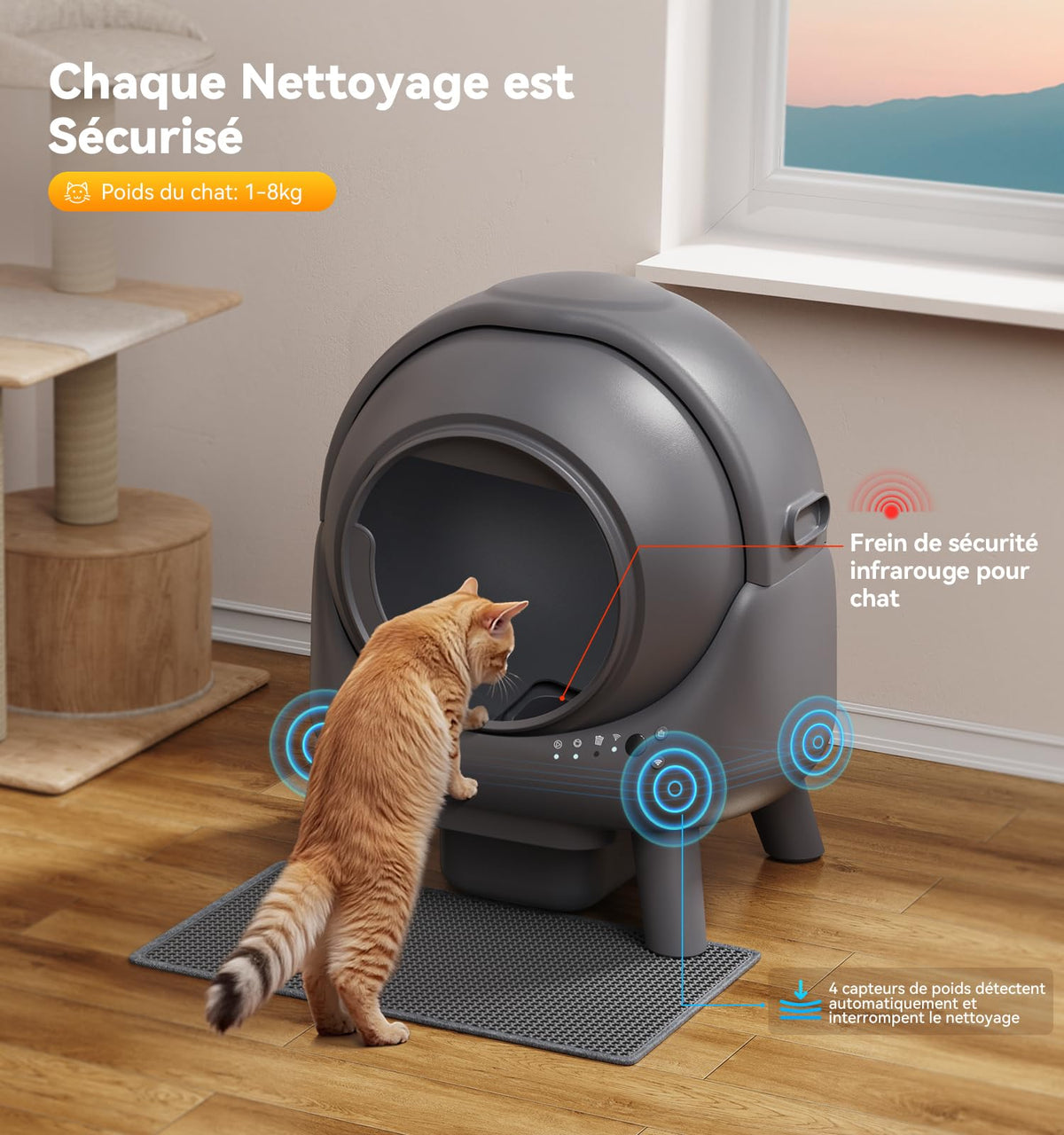 Litiere Chat Autonettoyante FEELNEEDY, Bac à Litière Automatique, Anti-Fuites/Anti-Pincement/Triple Anti-Odeur/Secure/Contrôle APP/Nettoyage Facile, Capacité Maximale de 65L