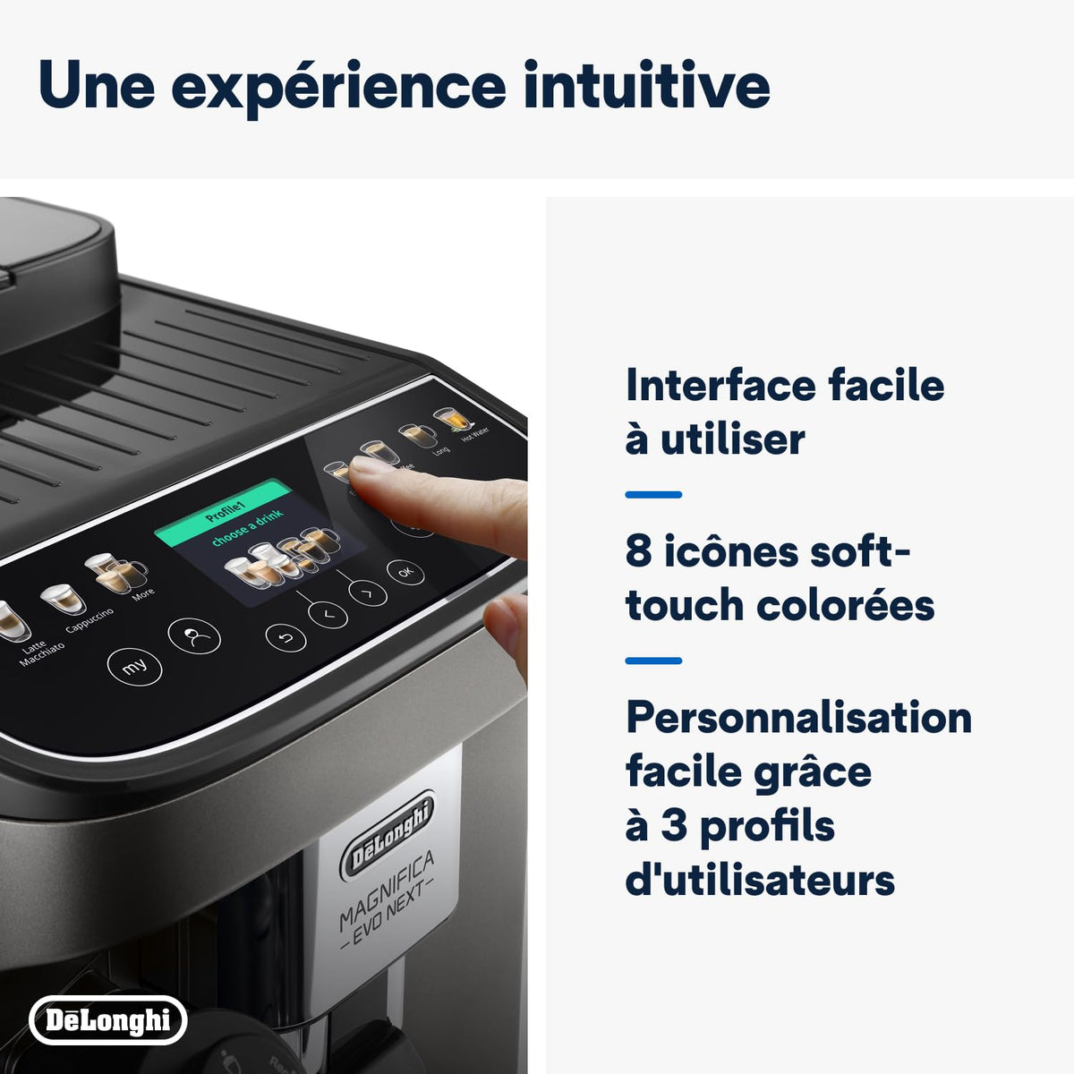 De’Longhi Magnifica Evo Next - Perfetto Machine à Café Automatique avec LatteCrema Mousseur à Lait Automatique, 13 Boissons en une Seule Touche, Écran Tactile Couleurs, Titane et Noir (ECAM312.80.TB)