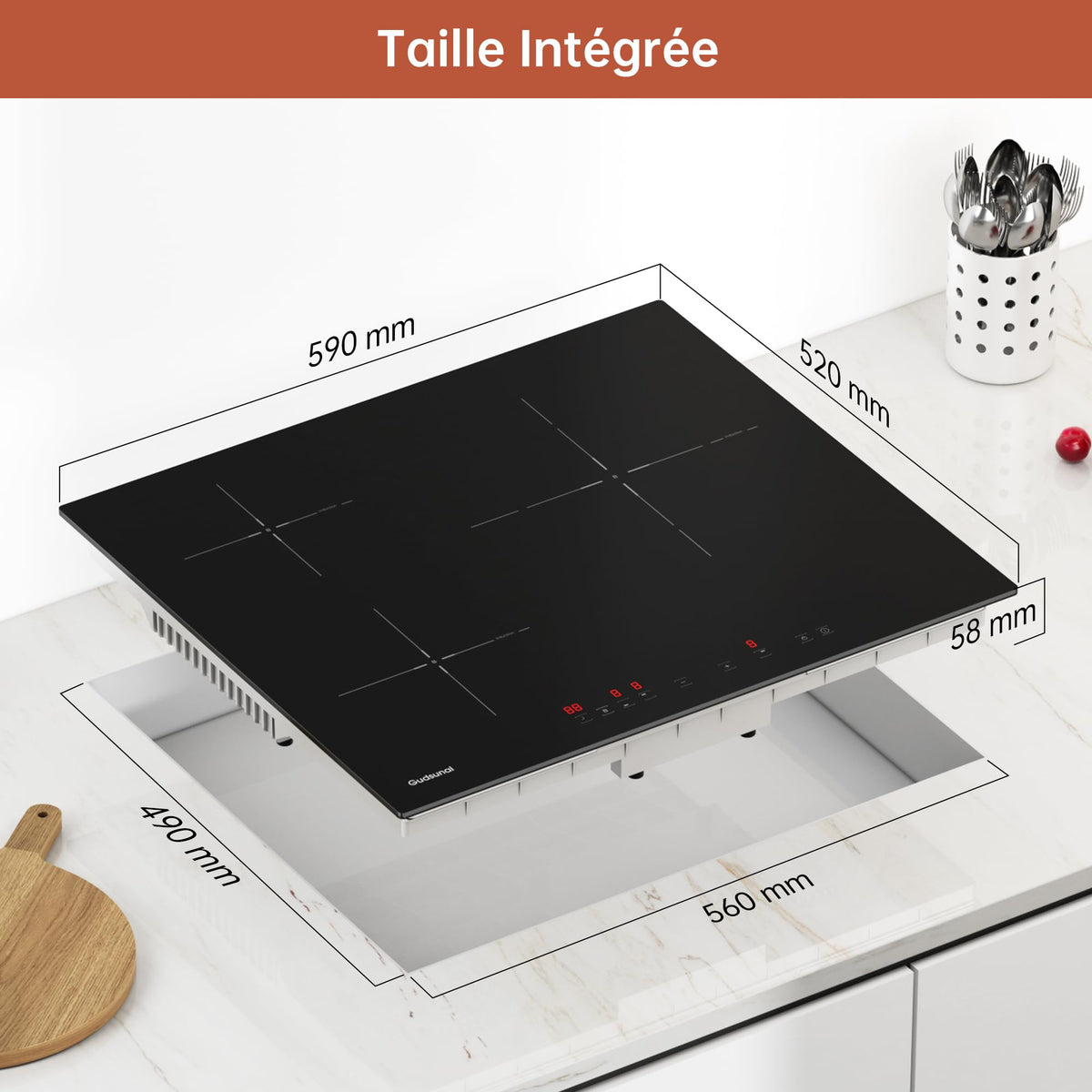 Gudsunal Plaque induction 3 feux, Table de Cuisson Encastrable,7200W, 9 niveaux de chauffage,Boost, Minuterie, Arrêt automatique, Verrouillage de sécurité enfant