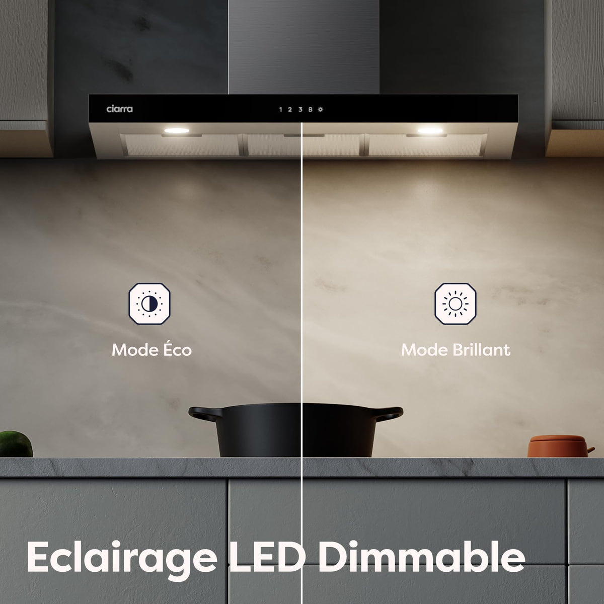 Ciarra Hotte Apisrante 90cm 650 m³/h - Class A+++ - 4 Vitesses - Fonction Boost - Hotte de Cuisine Silencieuse - Commande Tactile - Wi-Fi - LED Dimmable - Inox - CBCS9102