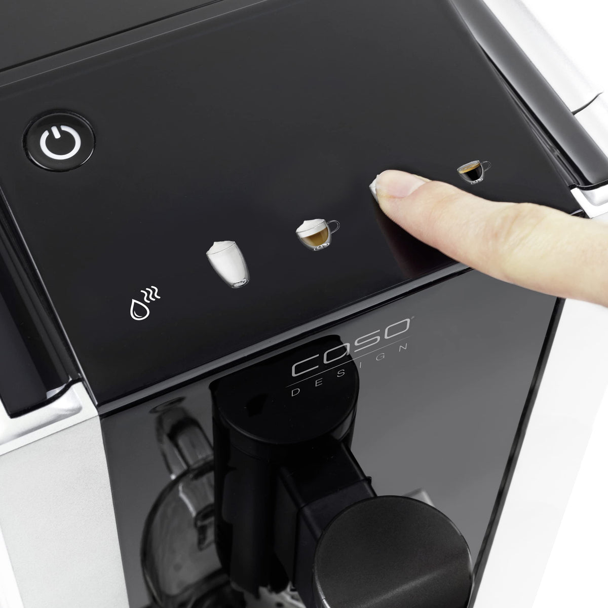 CASO Café Crema Touch Machine à café automatique design avec tuyau et réservoir à lait, broyeur conique réglable en continu, prêt à l'emploi, toutes les spécialités de café par toucher, noir, acier