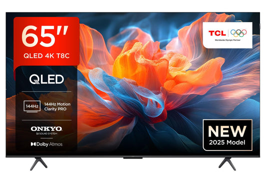 TCL 65T8C 65" QLED 4K HDR Ultra HD TV, Smart TV Powered by Google TV (Dolby Vision & Atmos, 144Hz Motion Clarity Pro, FreeSync, Onkyo 2.1 Sound, Voice Control)