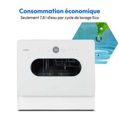 MEDION Mini lave-vaisselle DWT51 (lave-vaisselle de table avec panneau de commande tactile, fonction seau, 5 couverts, fonctionne avec/sans raccordement à l'eau, 7 programmes de nettoyage, départ diff