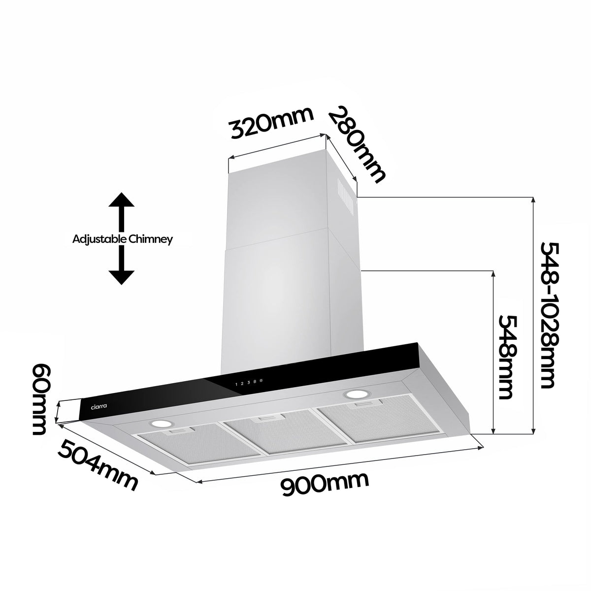 Ciarra Hotte Apisrante 90cm 650 m³/h - Class A+++ - 4 Vitesses - Fonction Boost - Hotte de Cuisine Silencieuse - Commande Tactile - Wi-Fi - LED Dimmable - Inox - CBCS9102