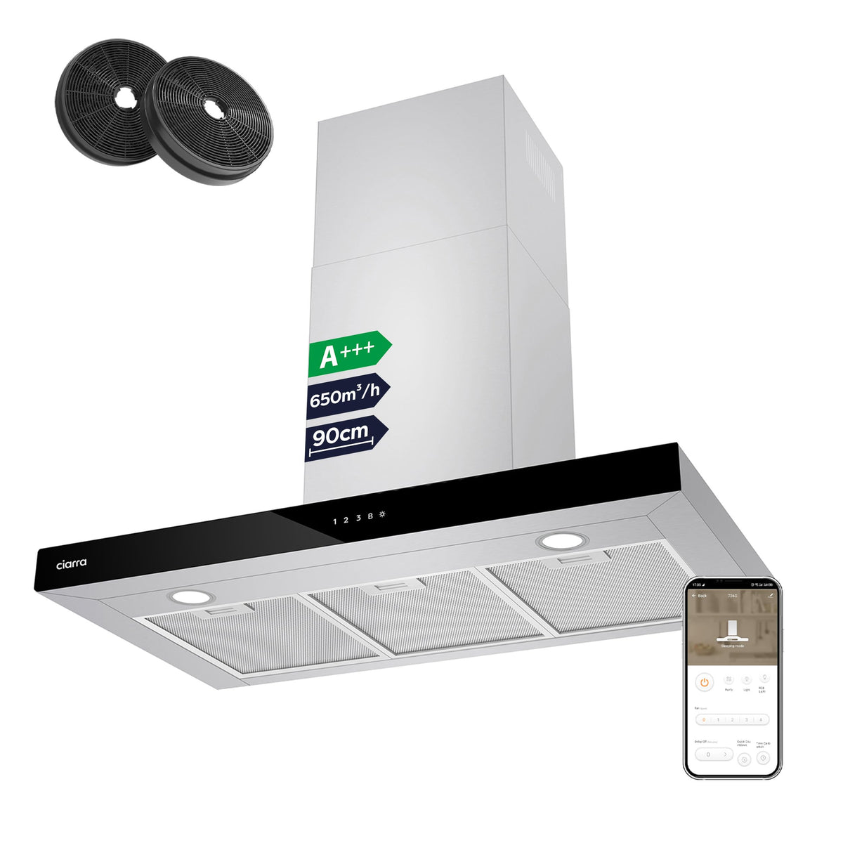 Ciarra Hotte Apisrante 90cm 650 m³/h - Class A+++ - 4 Vitesses - Fonction Boost - Hotte de Cuisine Silencieuse - Commande Tactile - Wi-Fi - LED Dimmable - Inox - CBCS9102