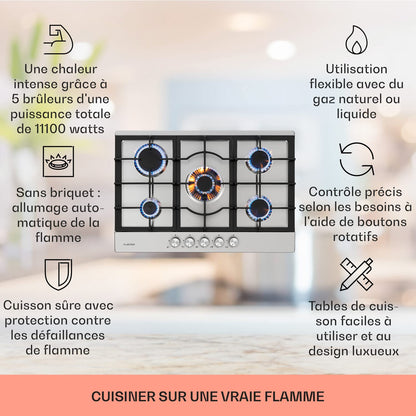 Klarstein Plaque de Cuisson Gaz à 5 Brûleurs, Table de Cuisson Encastrable à 5 Feux de 11100W, Cuisiniere, Gaziniere en Acier Inoxydable, Cuisinières GPL