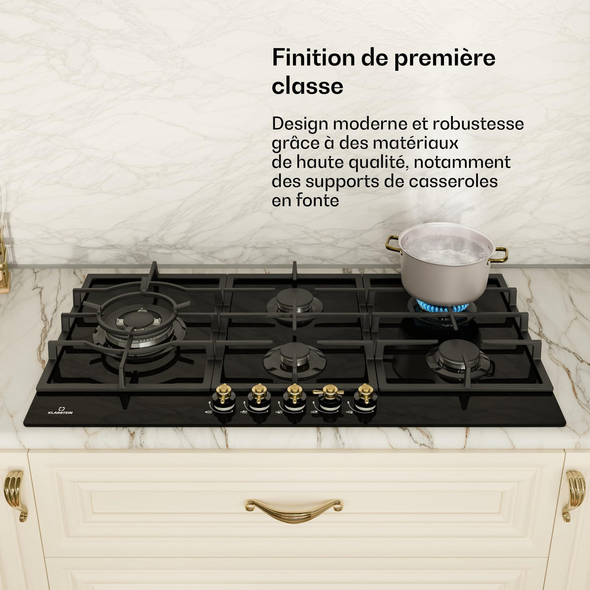 Klarstein Table de Cuisson à Gaz avec 5 Brûleurs – Plaque de Cuisson Encastrable 11100W, Surface en Acier Inoxydable, Compatible GPL