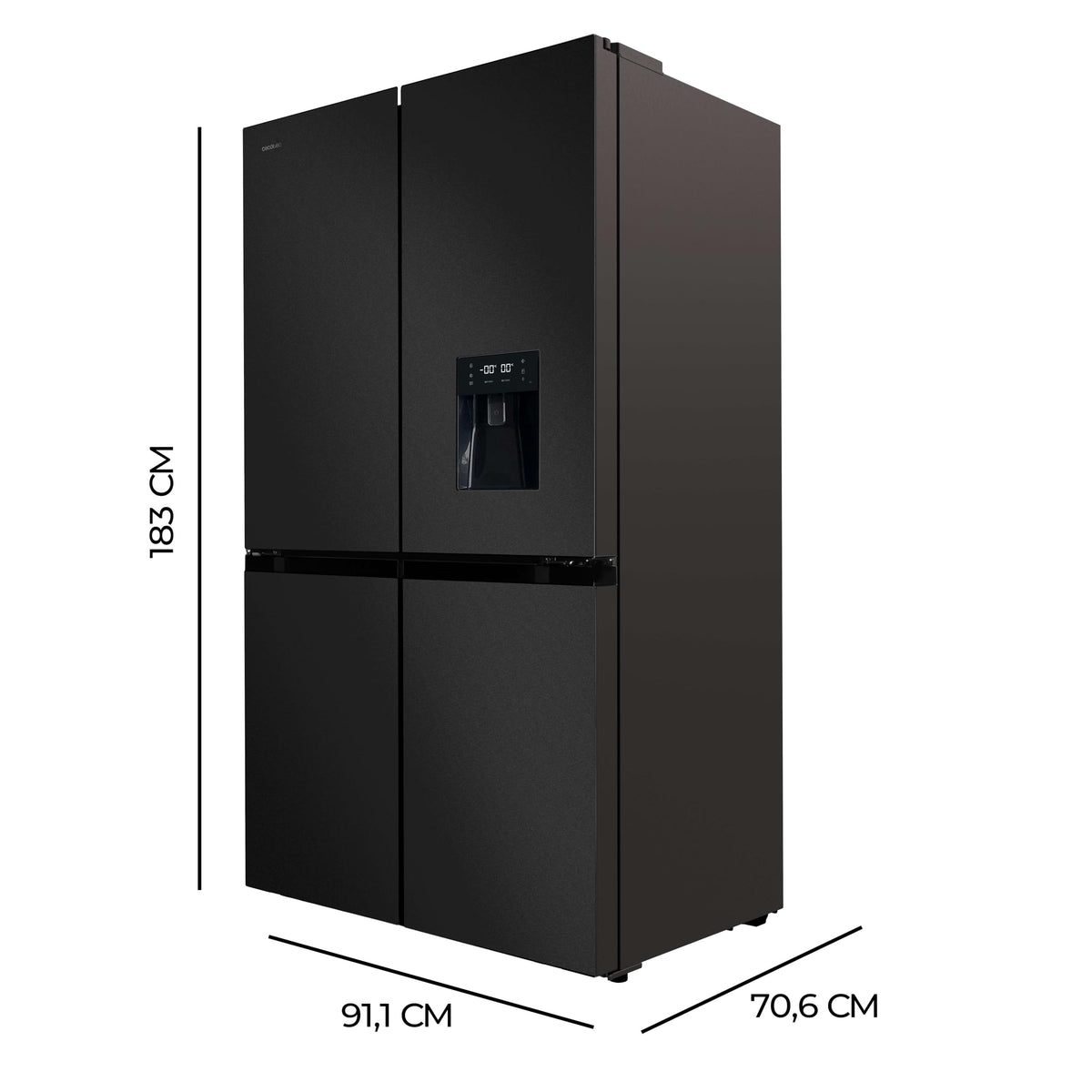 Cecotec Réfrigérateur Américain 4 Portes Dark de 564 L Bolero CoolMarket 4D 564 Dark E. 183 cm de Hauteur, 91 cm de Largeur, Distributeur d'Eau, Moteur Inverter Plus, NoFrost Total