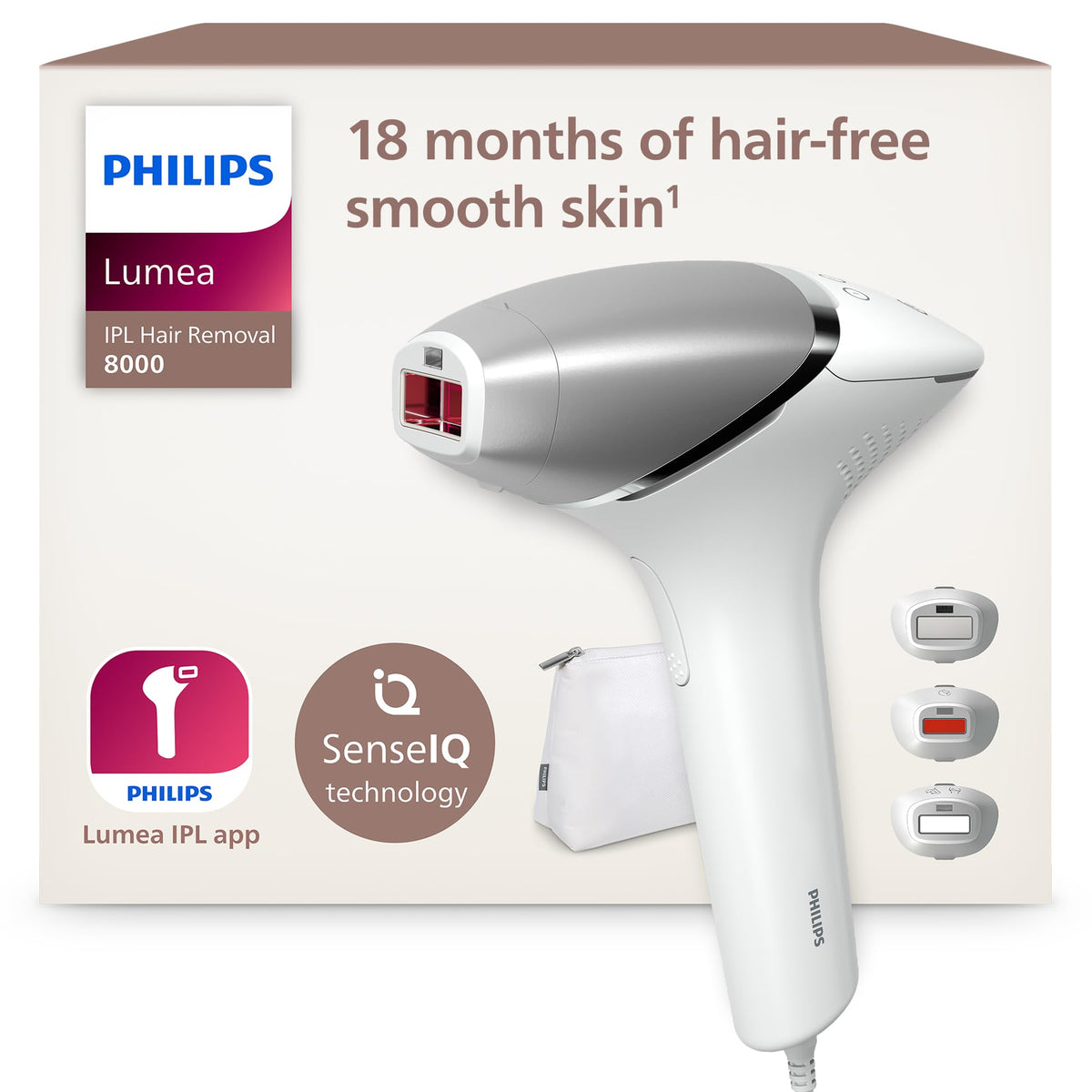 Philips Lumea série 8000 - épilateur à lumière pulsée, alternative à l'épilation laser, technologie SenseIQ, 3 embouts pour le corps, le visage et les zones de précision, BRI946/00