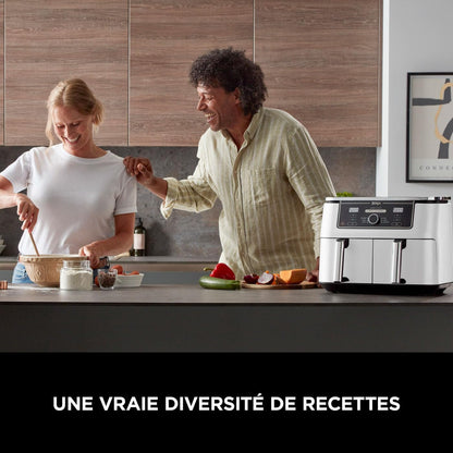 Ninja Foodi MAX Dual Zone Air Fryer, 2 Tiroirs, 9,5L, 6-en-1, Sans Huile, Air Fry, Croustillant Max, Rôtir, Cuire, Déshydrater, 8 Portions, Paniers Antiadhésifs Vont Au Lave-Vaisselle, Blanc AF400EUWH