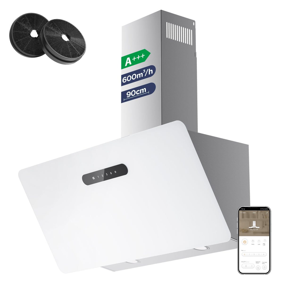 CIARRA CBCW9736K Hotte Aspirante Inclinée 90 cm 650m³/h - Classe A+++ - Filtre à Charbon Inclus - Commande Tactile- 3 Vitesses et Fonction Boost - LED Dimmable