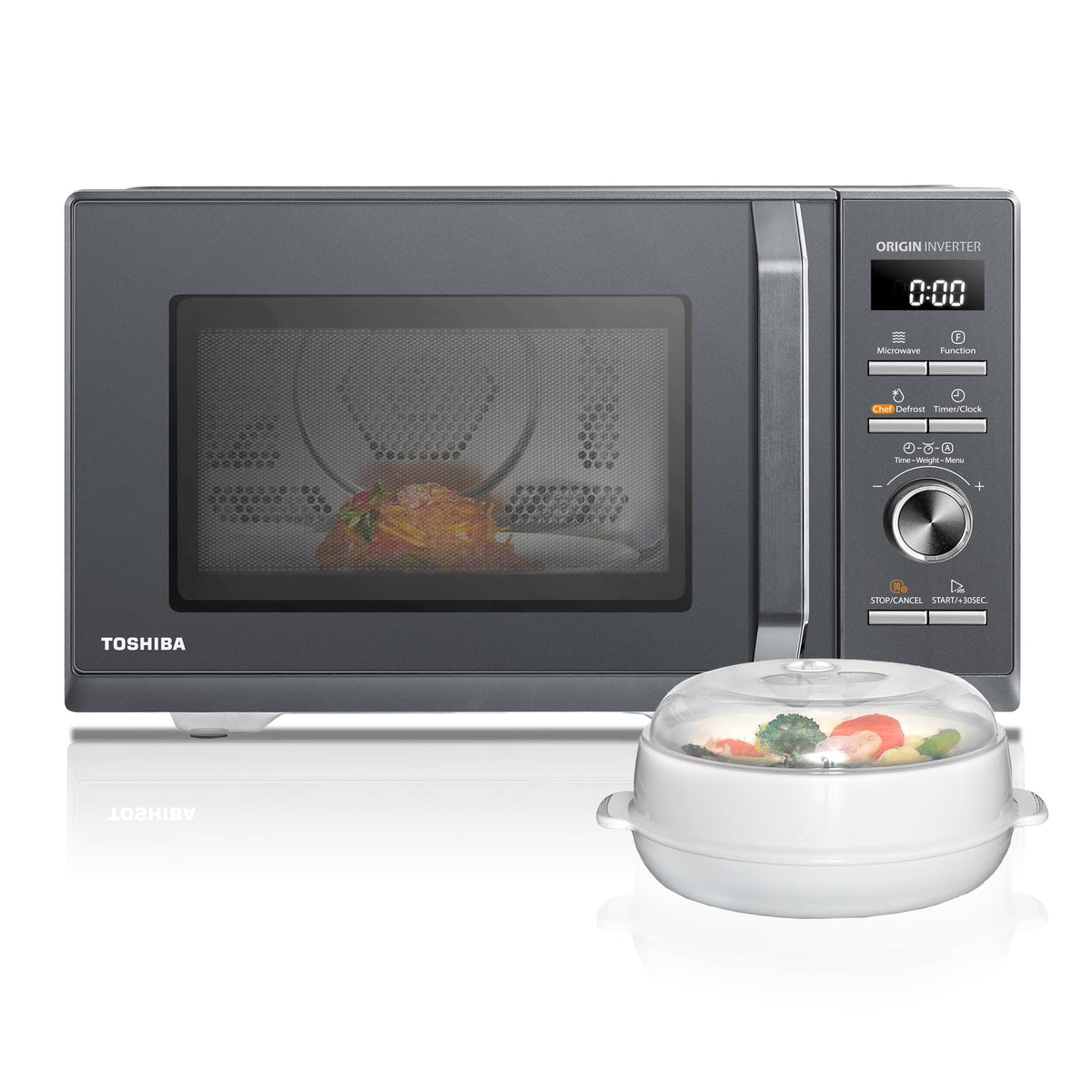 Toshiba MW3-AC26PFI(MG) Four à Micro-ondes 26L Air chaud combiné, 6-en-1 900W avec Cuiseur Vapeur en Gris Morandi, 6 Programmes 10 Niveaux de Puissanc