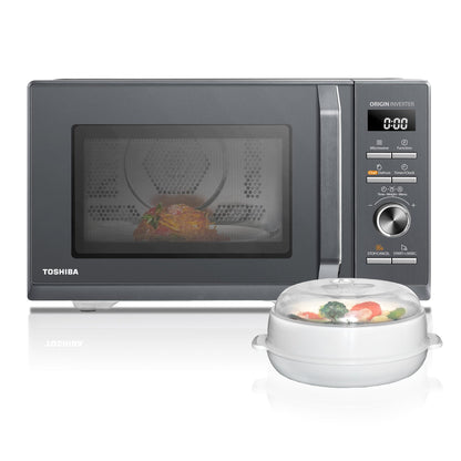 Toshiba MW3-AC26PFI(MG) Four à Micro-ondes 26L Air chaud combiné, 6-en-1 900W avec Cuiseur Vapeur en Gris Morandi, 6 Programmes 10 Niveaux de Puissanc
