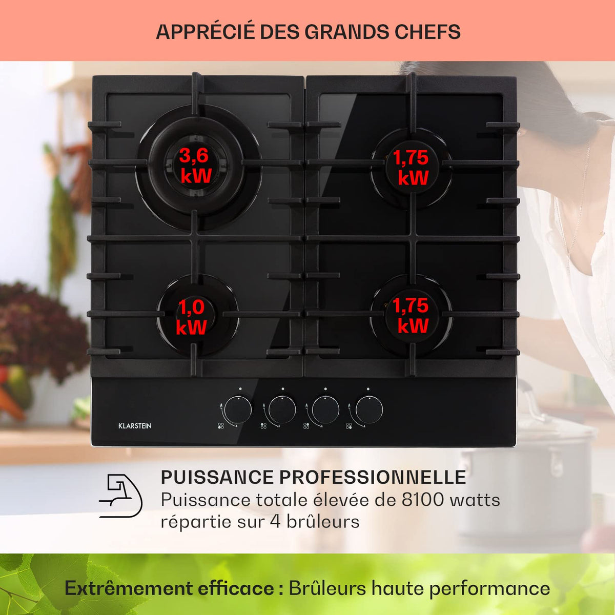 Klarstein Plaque de Cuisson Gaz à 4 Brûleurs en Acier Inoxydable, Table de Cuisson Encastrable à 4 Feux de 8100W, Cuisinières GP