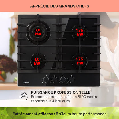 Klarstein Plaque de Cuisson Gaz à 4 Brûleurs en Acier Inoxydable, Table de Cuisson Encastrable à 4 Feux de 8100W, Cuisinières GP