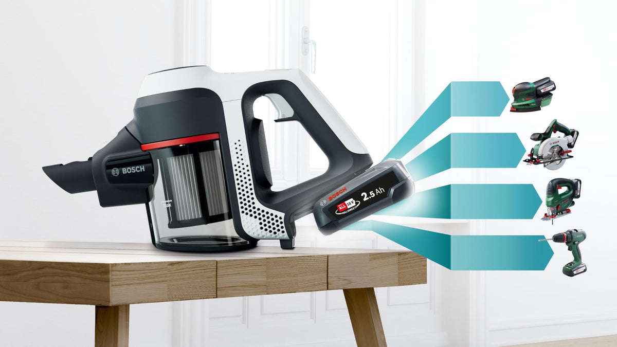 Bosch Electroménager Unlimited 6, BCS611AM, aspirateur Balai Rechargeable sans Fil, autonomie de 30 Min, performant sur différents Types de Sol, Accessoires Inclus, Blanc