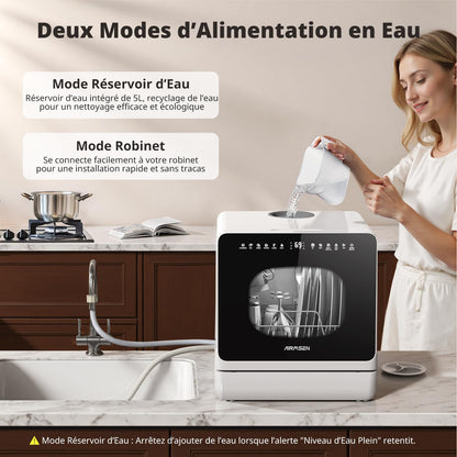 AIRMSEN Mini Lave-Vaisselle de Table, Lave-Vaisselle Portable 5L, 8 Programmes + 3 Programmes supplémentaires, Départ Différé 1-18 h, Adoucisseur d’Eau et Sécurité Enfant