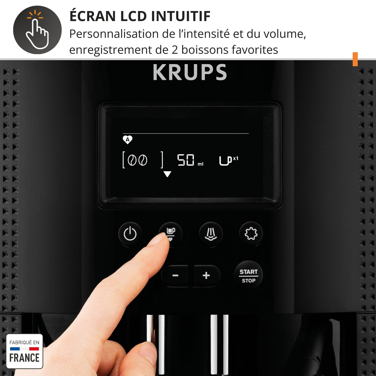 Krups Essential, Machine à café grain, Expresso automatique, 2 tasses simultanées, Ecran LCD, Nettoyage automatique, Buse vapeur, Pot à lait inox Cappuccino, Noire, EA816031