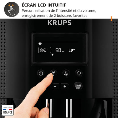 Krups Essential, Machine à café grain, Expresso automatique, 2 tasses simultanées, Ecran LCD, Nettoyage automatique, Buse vapeur, Pot à lait inox Cappuccino, Noire, EA816031