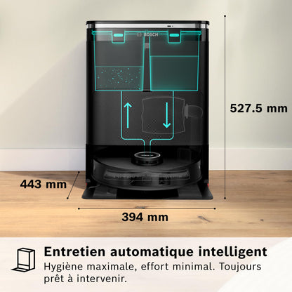 Bosch Spotless Max Cam BCRDW3BX, Robot aspirateur-Laveur avec caméra Smart Vision, serpillère rotative, 11 000 Pa, Station de Service sèche-Humide, Application Home Connect, Noir