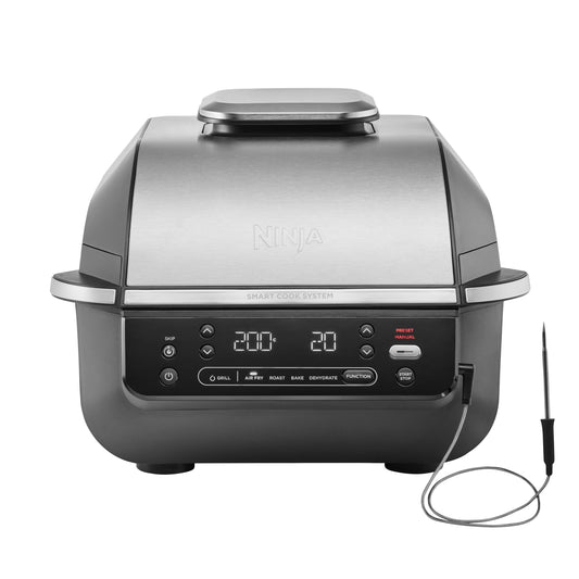 Ninja 5-en-1 Grill d’intérieur et friteuse sans huile, 5 modes, cuit jusqu’à 4 hamburgers, capacité 5,7 l, faible dégagement de fumée, thermomètre à viande numérique inclus, Noir/Argent, EG351EU