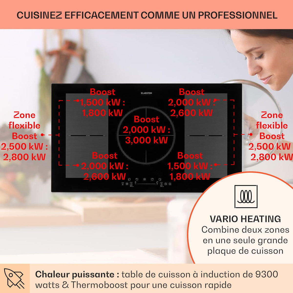 Klarstein Plaque de Cuisson Electrique à Induction 9300W, Plaque Encastrées 5 Feux, Tables de Cuisson Encastrable, Contrôle Tactile, Rechaud pour la Cuisine