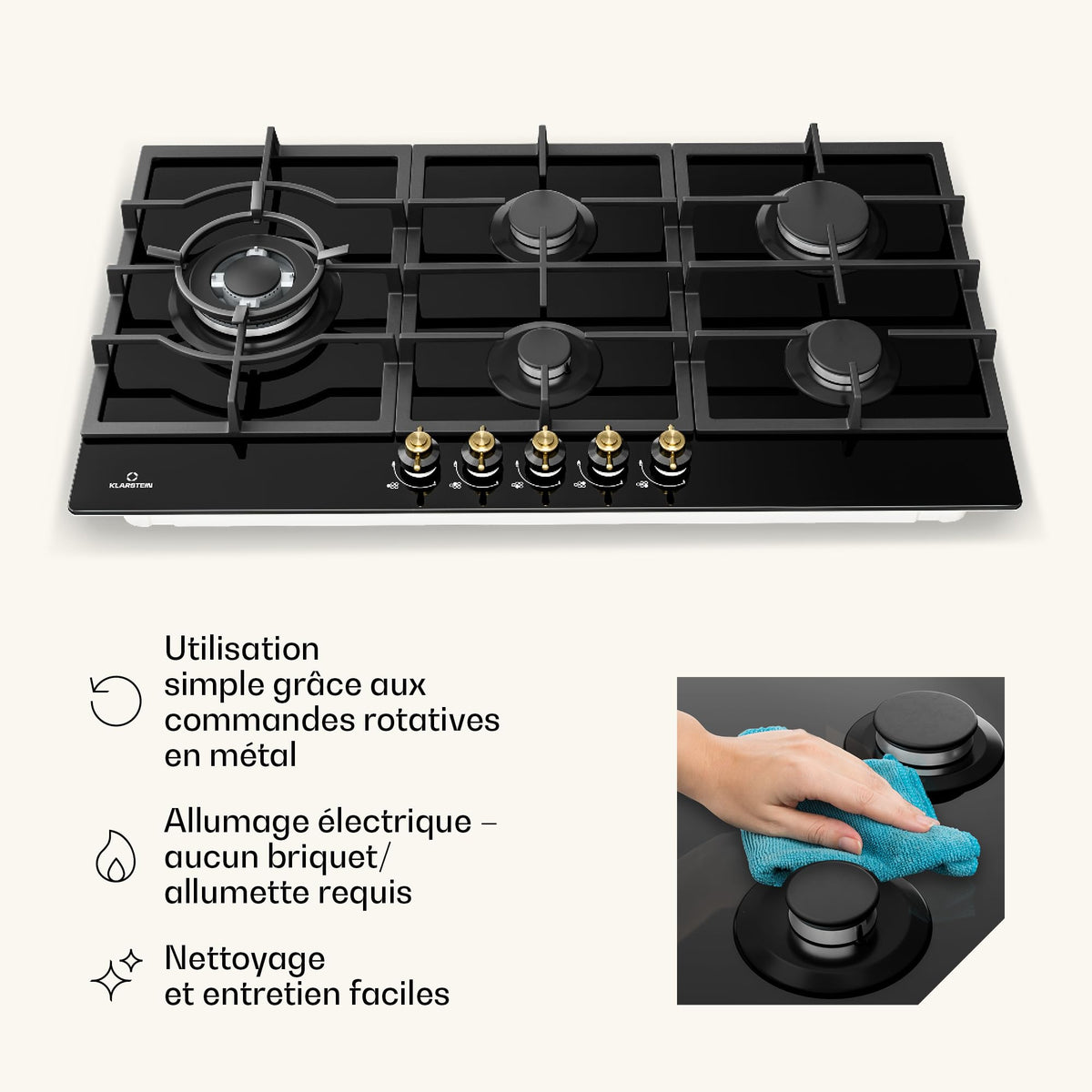 Klarstein Table de Cuisson à Gaz avec 5 Brûleurs – Plaque de Cuisson Encastrable 11100W, Surface en Acier Inoxydable, Compatible GPL